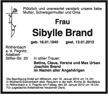 Traueranzeige von Sibylle Brand von Pegnitz-Zeitung
